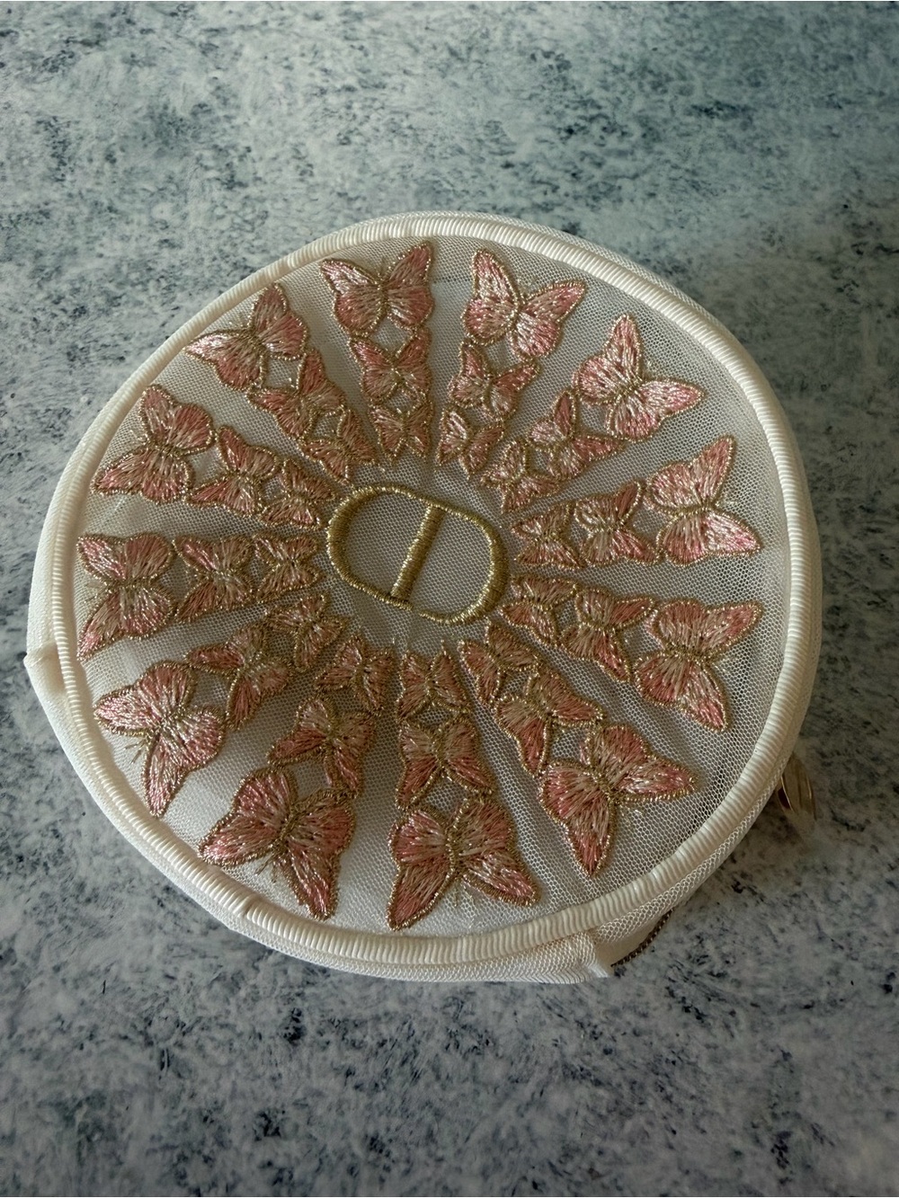 Dior Embroidered Butterfly Round Cosmetic Pouch - Pink & Gold